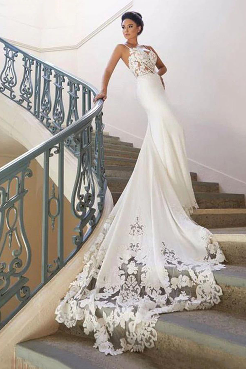 Spaghetti Straps Mermaid Beach Wedding Dresses Satin Lace Applique Sweep Train Boho Bridal Gowns robes de marie BM0968 Free shipping