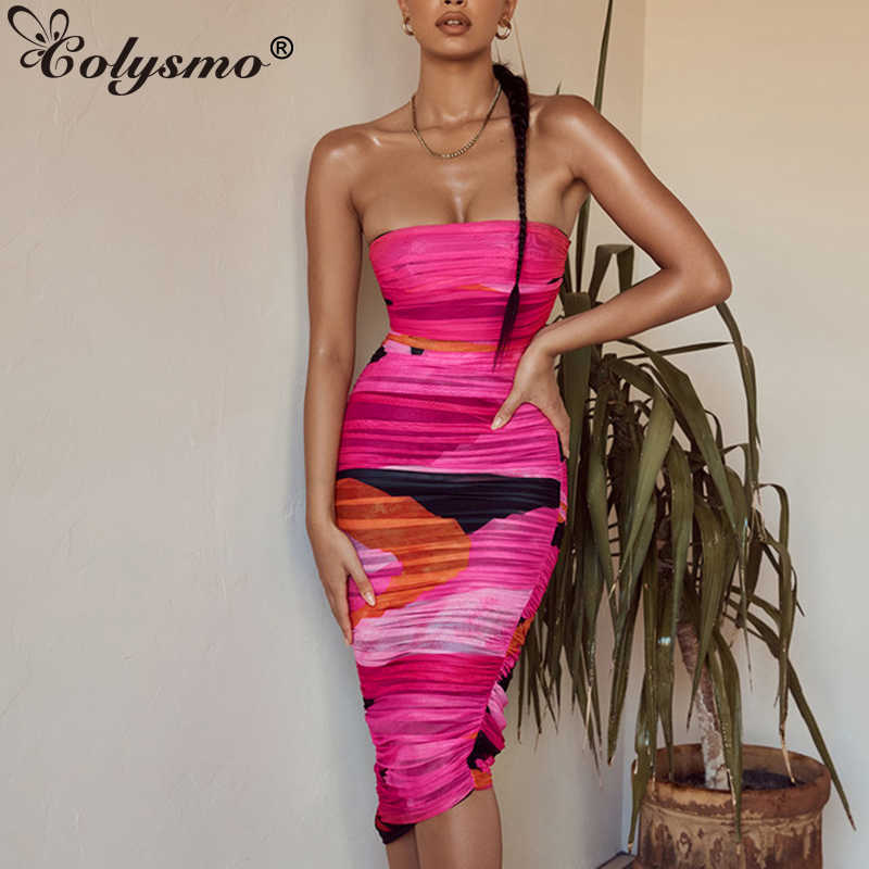 Colysmo Print Mesh Dress Women Sexy Off Shoulder Ruched Bodycon es Summer Slim Fit Beach Club Wear Party Midi 210527