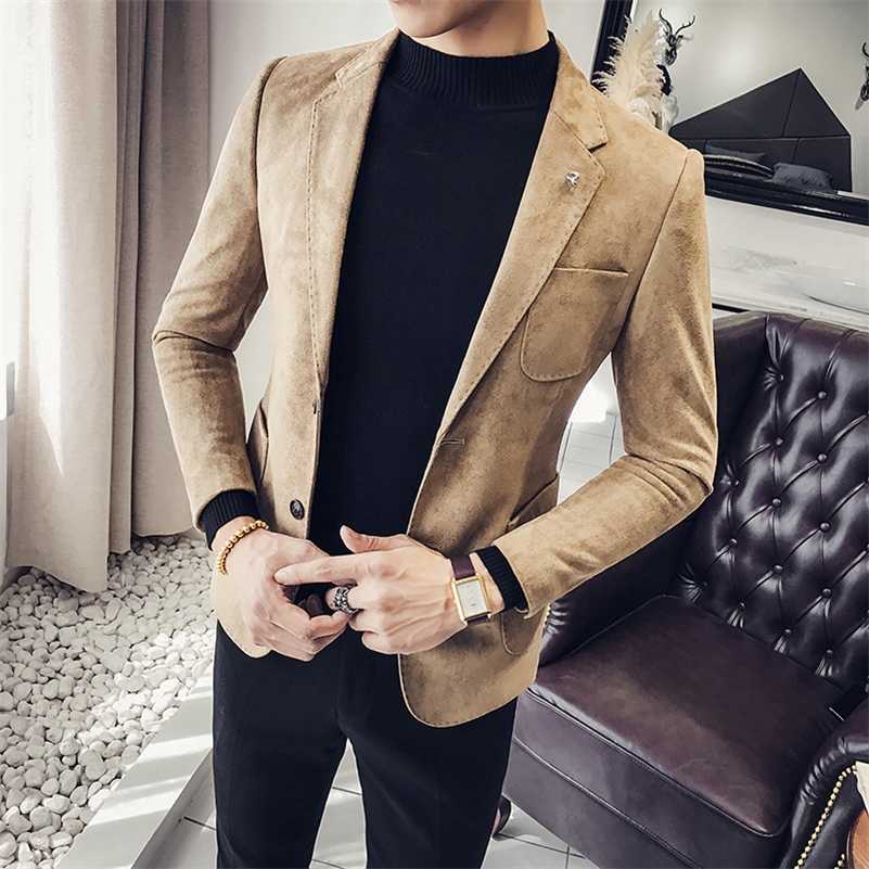Deerskin Leather Jacket Blazer Masculino Casual Suit Jacket Korea Slim Fit Coat Men Nightclub Stage Singer Veste Costume Homme 211120