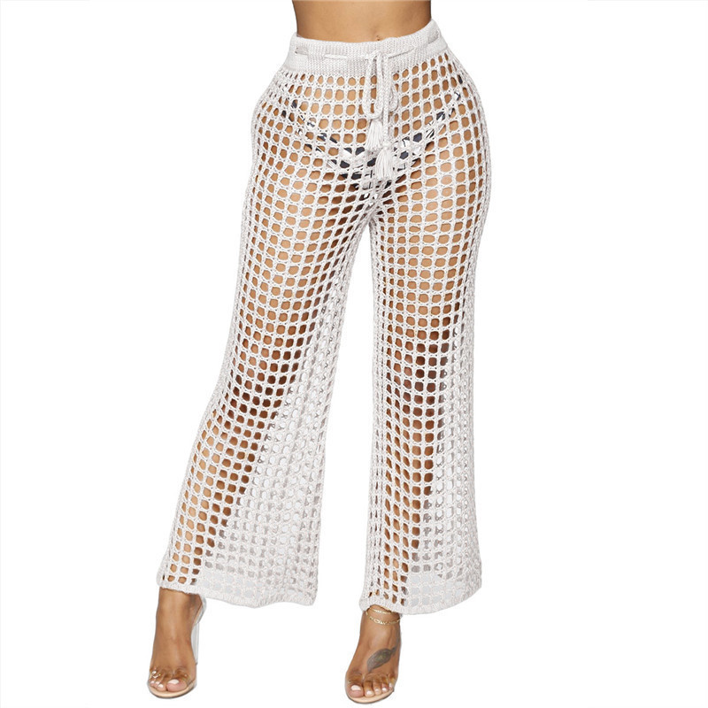 Women Beach Flare Pants Solid Knitted Hollow Out Fishnet Wide Leg Pants High Waist Lace Up Sashes Night Club Trousers T200223