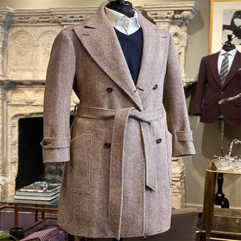 Men Suits With Belt Wool Custom Made Men Suits Handsome Double Breasted Tuxedos Peaked Lapel Blazer Foamal Business Long Coat