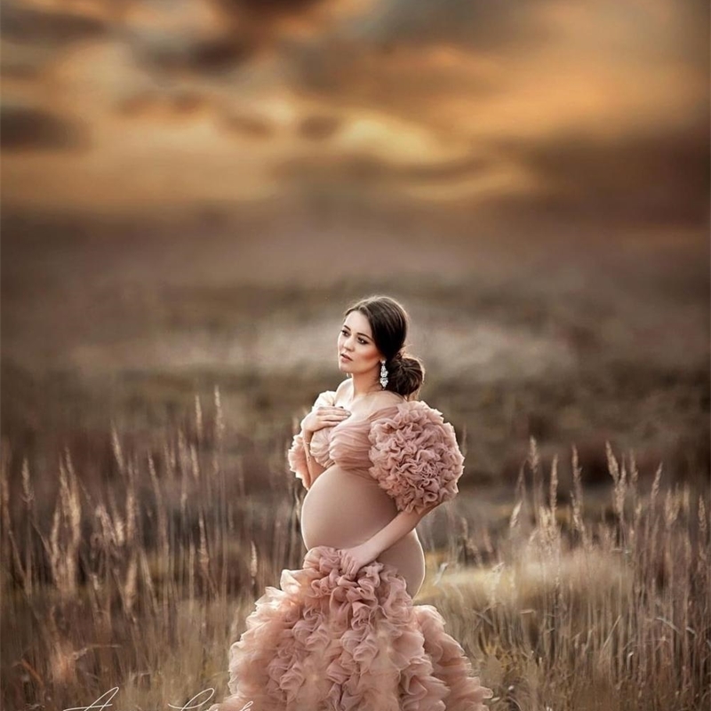 Floral Ruffled Bridal Maternity Dresses Sexy Slit Puffy Sleeve Elastic Custom Made Women Mermaid Party Dresses Plus Size 210224