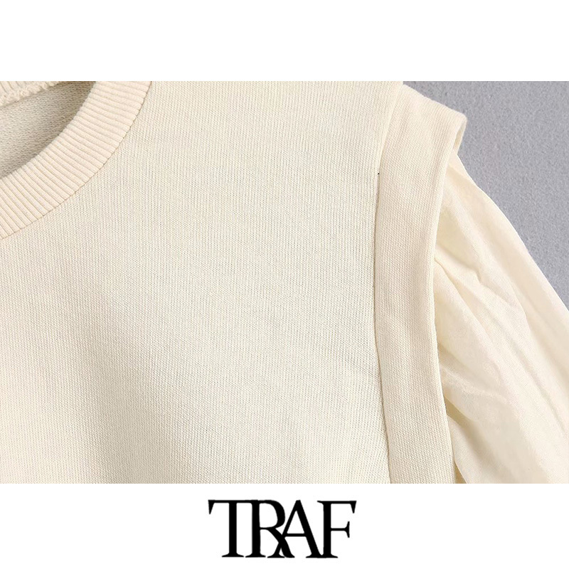 TRAF Women Vintage Stylish Solid Short Style Sweatshirt Fashion O Neck Long Puff Sleeve Elastic Waist Cozy Pullovers Chic Tops T200904