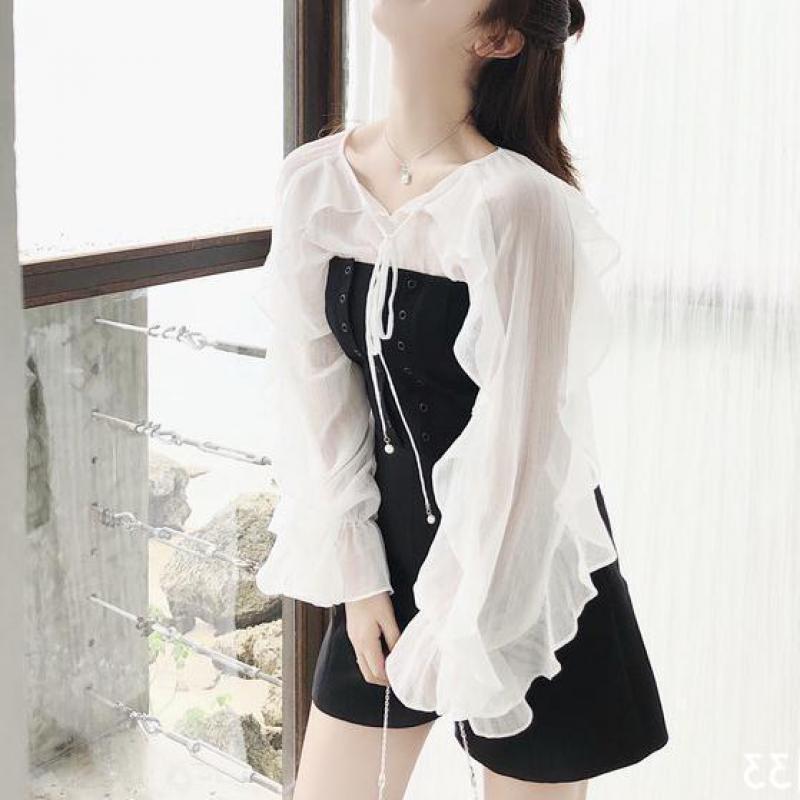 2021 Spring New Arrival Korean Style Ruffle Blouse Fairy Temperament Loose Chiffon Shirt Full Sleeve Ruffled Shirt Free Shipping 210225