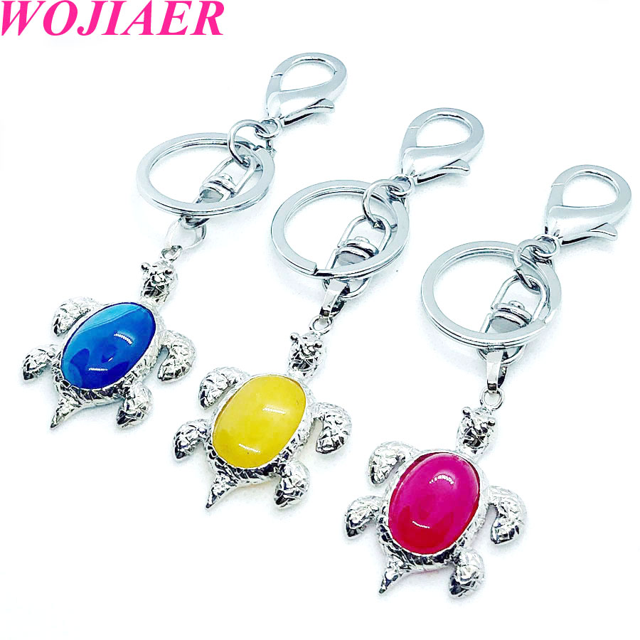 WOJIAER Natural Crystal Stone Turtle Pendant Car Key for Ladies Men Bag Decoration Keyrings Buckle Holder Christmas Gift BW913