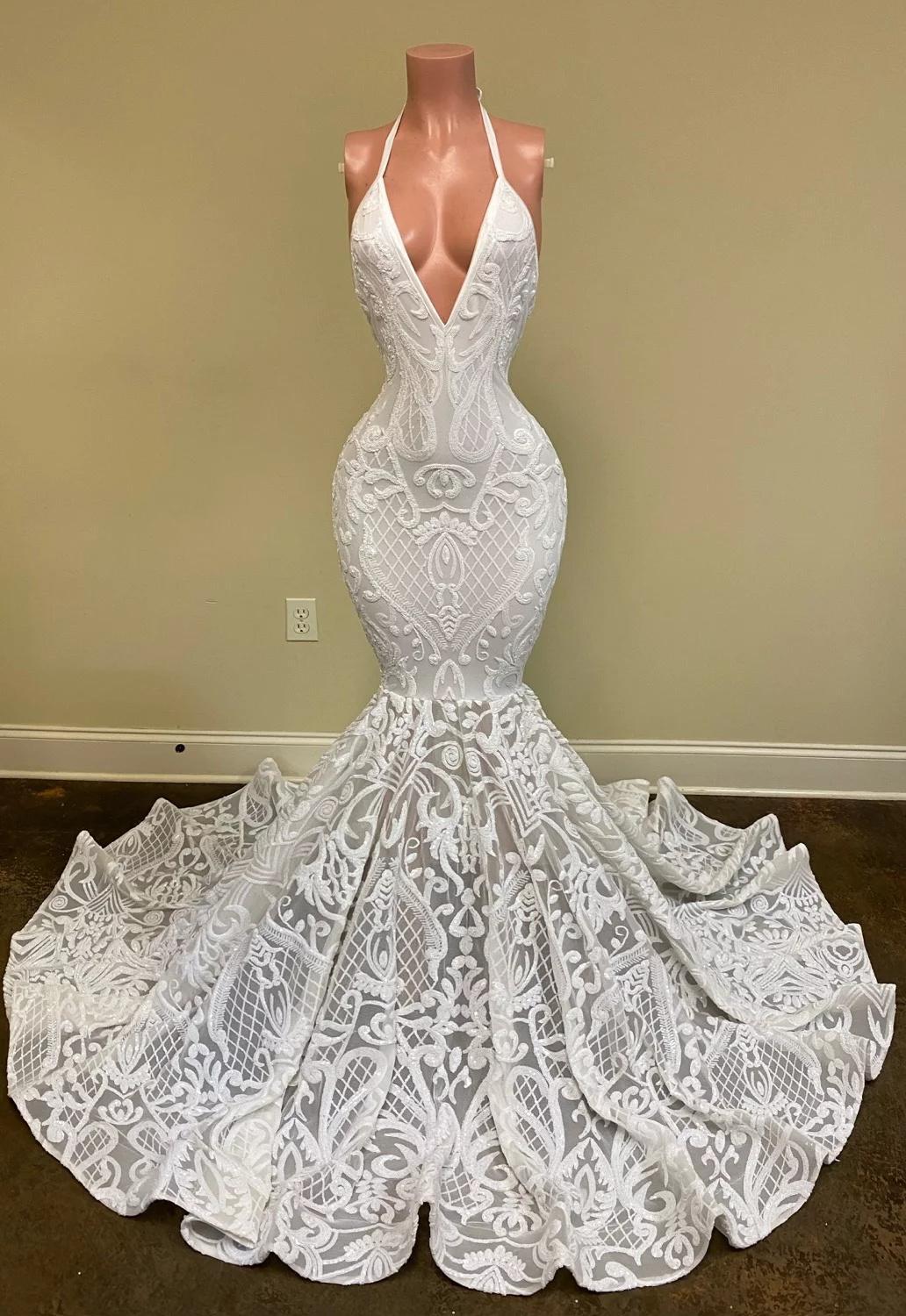 Sexy White Mermaid Evening Dresses Deep V Neck Halter Full Lace Beads Prom Dress Sleeveless Open Back Formal Party Second Reception Gowns Robe de mari