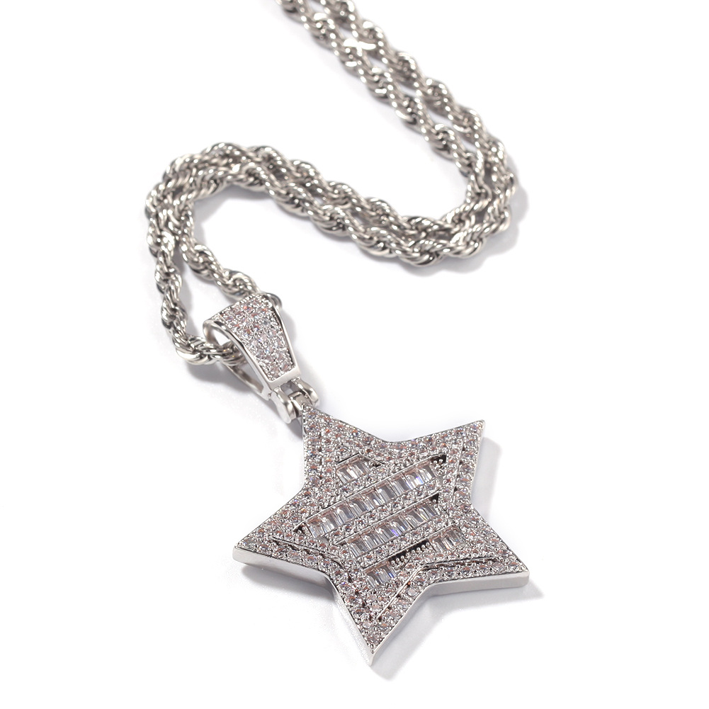 Hip Hop Star Pendant Necklace Bling 18K Real Gold Plated Shining Crystal Zircon Men Women Gift