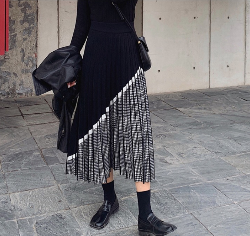 High Quality Women's Knitted Skirt Fall Winter Fashion Houndstooth Hit color Patchwork Skirt Pleated Thick Black Warm Skirts 210309