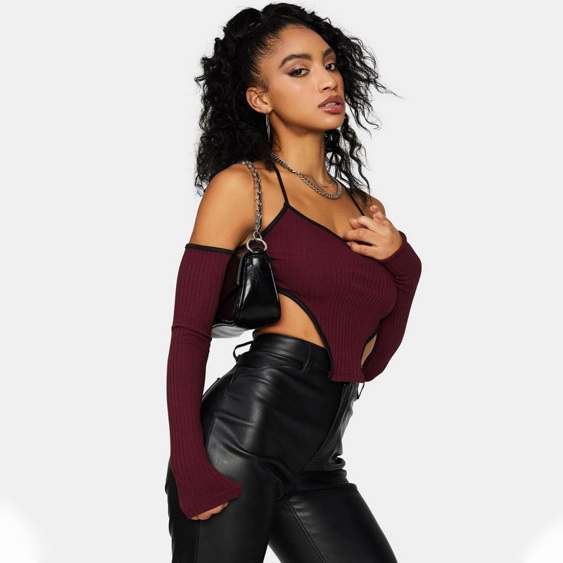 European and American spring tie neck sling independent long sleeve vest women's wear women tops crop tops 210602