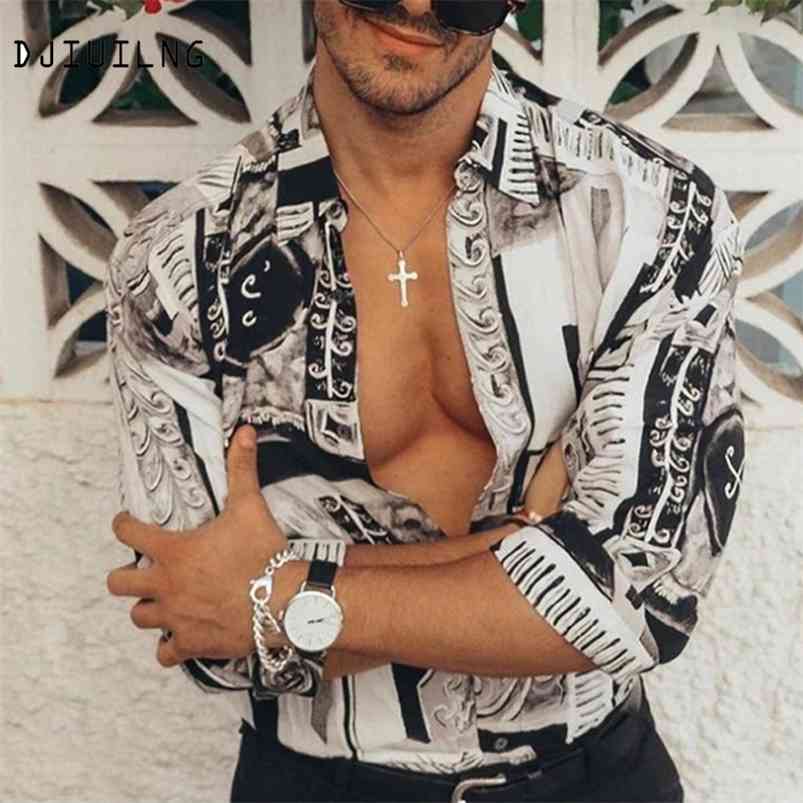 Spring Casual Long Sleeve Print Shirts Men Fashion Loose Turn-down Collar Button Tops Cotton Linen Shirt Male Streetwear 210721