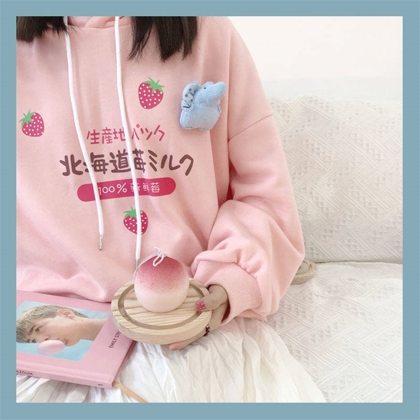 Harajuku Kawaii Strawberry Milk Graphic Sweatshirt Hoodie Women Streetwear Winter Plus Size Women Loose Thin Hoodie Cute Clothes 201212