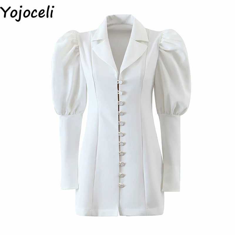 Yojoceli Elegant button cool lantern sleeve dres Spring white party shirt Casual short slim vestidos 210609