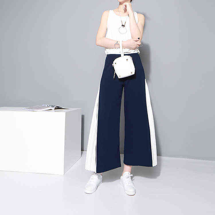 Spring High Waist Blue Side Pleated Split Joint Hit Color Loose Wide Leg Long Pants Women Trousers Fashion JO562 211115