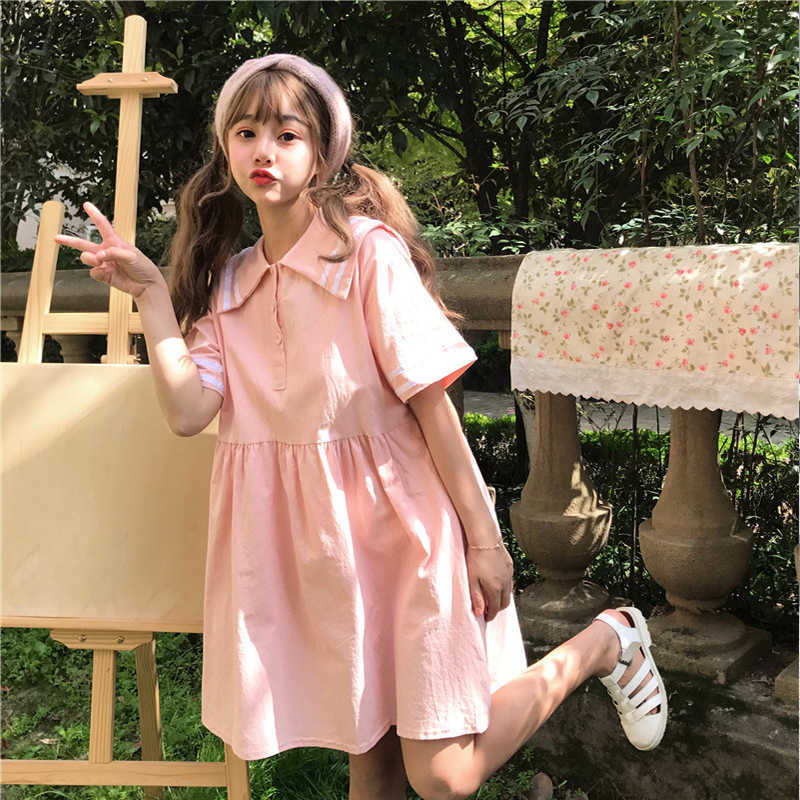 Summer Japanese fashion casual Harajuku female cute pink loose dress large size empire sweet Peter pan Collar 210608
Summer Japanese fashion casual Harajuku female cute pink loose dress large size empire sweet Peter pan Collar 210608