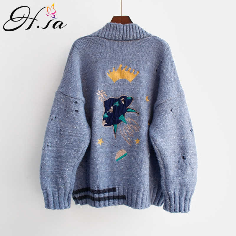 HSA Autumn Winter Women Sweater Cardigans Cartoon Embroidery Cardigans Poncho Single Breasted Knit Sweater Harajuku Out Top 210716