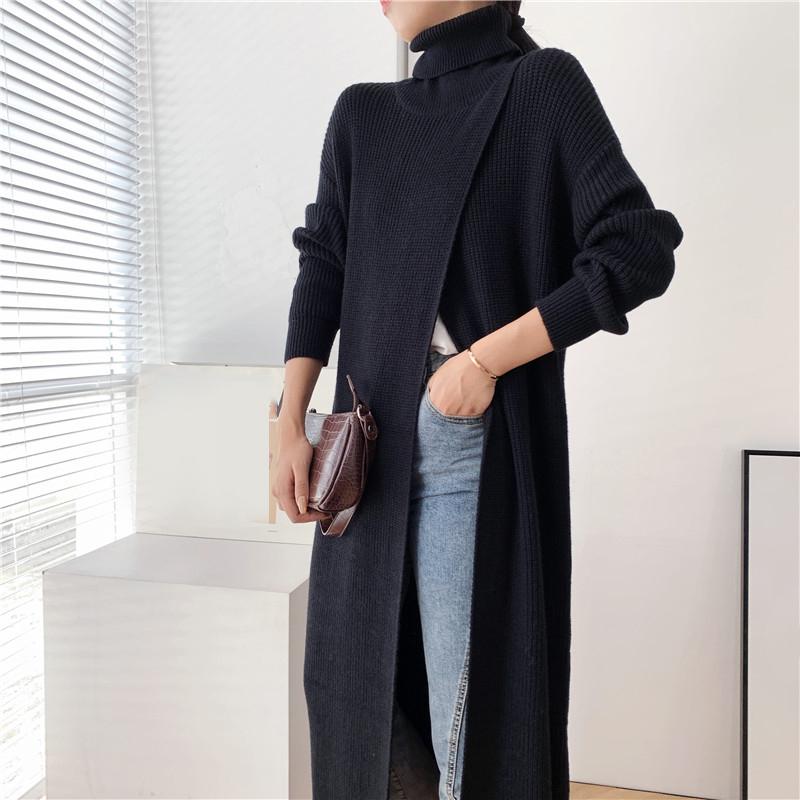 [EAM] Vent Long Knitting Sweater Loose Fit Turtleneck Long Sleeve Women Pullovers New Fashion Tide Autumn Winter 2021 1DA357 210218