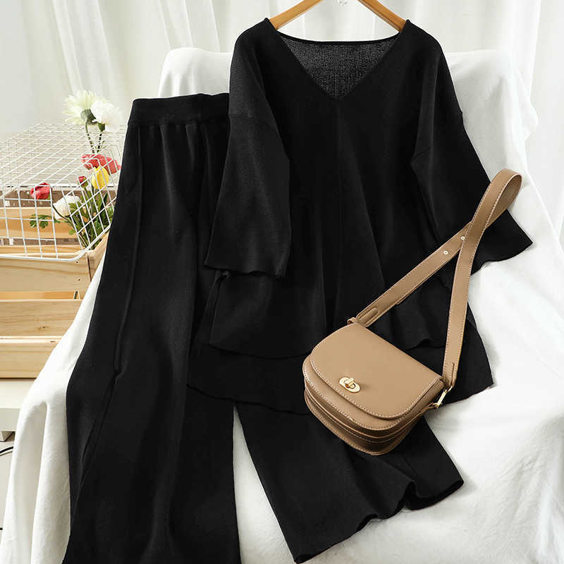 DEAT Women Asymmetrical V-neck T-shirt Long Pants Arrivals Two Piece Set Temperament Fashion Spring Summer 11D821 210709