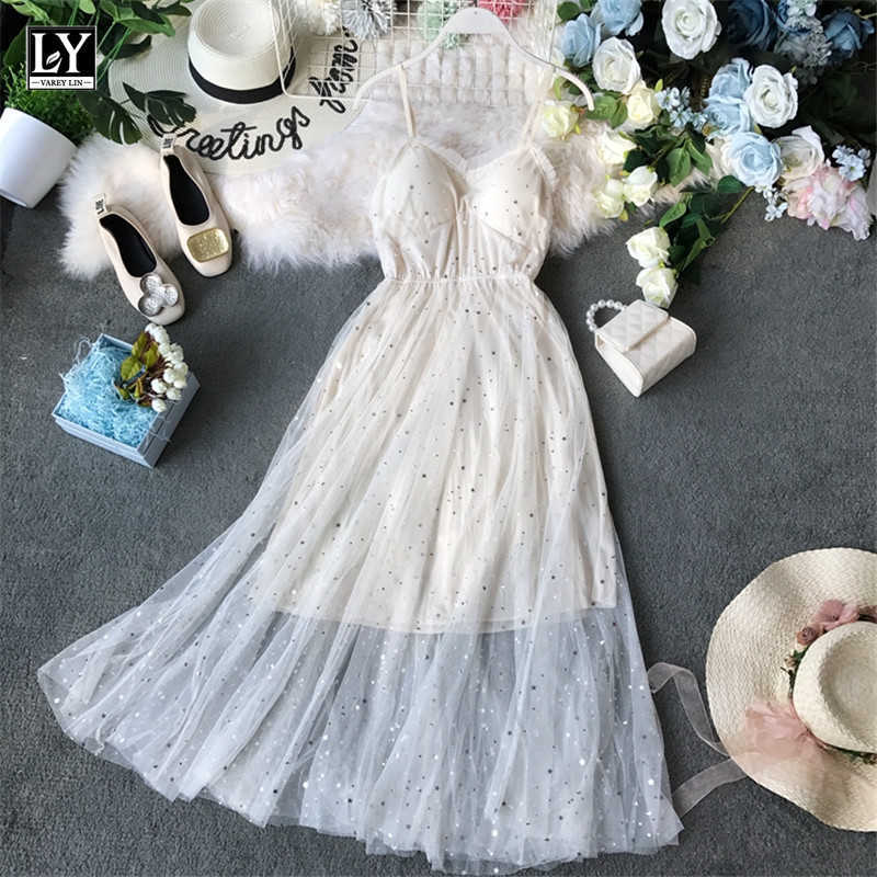 LY VAREY LIN women summer Stars V-neck Sleeveless Vestidos Sexy Dress equined Party Mesh Patchwork Long es 210526