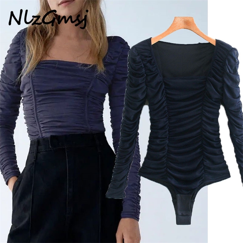 Bodysuit Women Solid Pleated Mesh Playsuits Long Sleeve Square Neck Rompers Ladies Elegant Chic 210628, As picture
Bodysuit Women Solid Pleated Mesh Playsuits Long Sleeve Square Neck Rompers Ladies Elegant Chic 210628, As picture