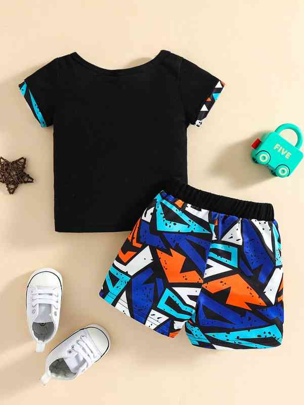 Baby Letter Graphic Tee And Geo Print Shorts SHE