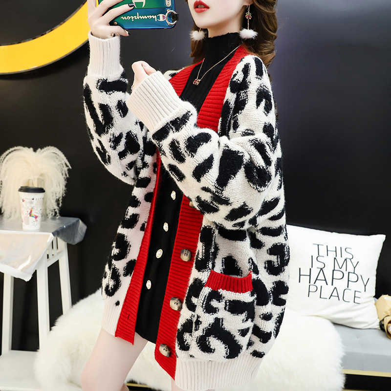 Open Stitch Leopard Casual Cardigans Women Fashion Long Sweater and Red Yellow Oversized Knit Jacket Out Coat 210914