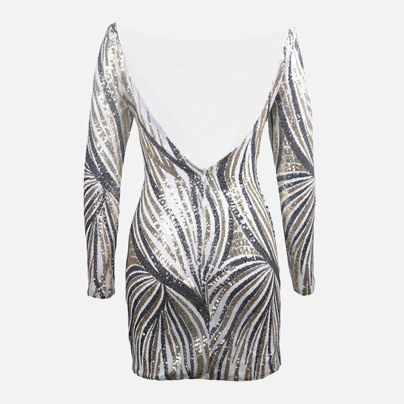 Womens Dress Mini Sequined Striped Offshoulder Woman Party Dresses Longsleeve Shiny Bodycon Backless Robe Year Sexy 210303