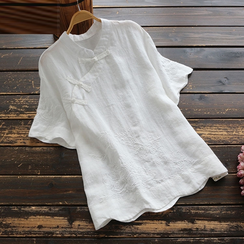 New Folk Style Summer Women Tshirt Plus Size Vintage Embroidery Stand Collar Button Tee Shirt Femme Cotton Linen Tops D349 210306