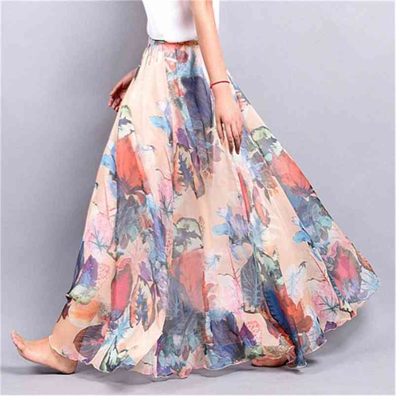 Elegant Summer Bohemian Maxi Skirt Long Skirt Chiffon Saia Beach High Waist Tutu Casual Vestidos Harajuku Print Clothes 210623