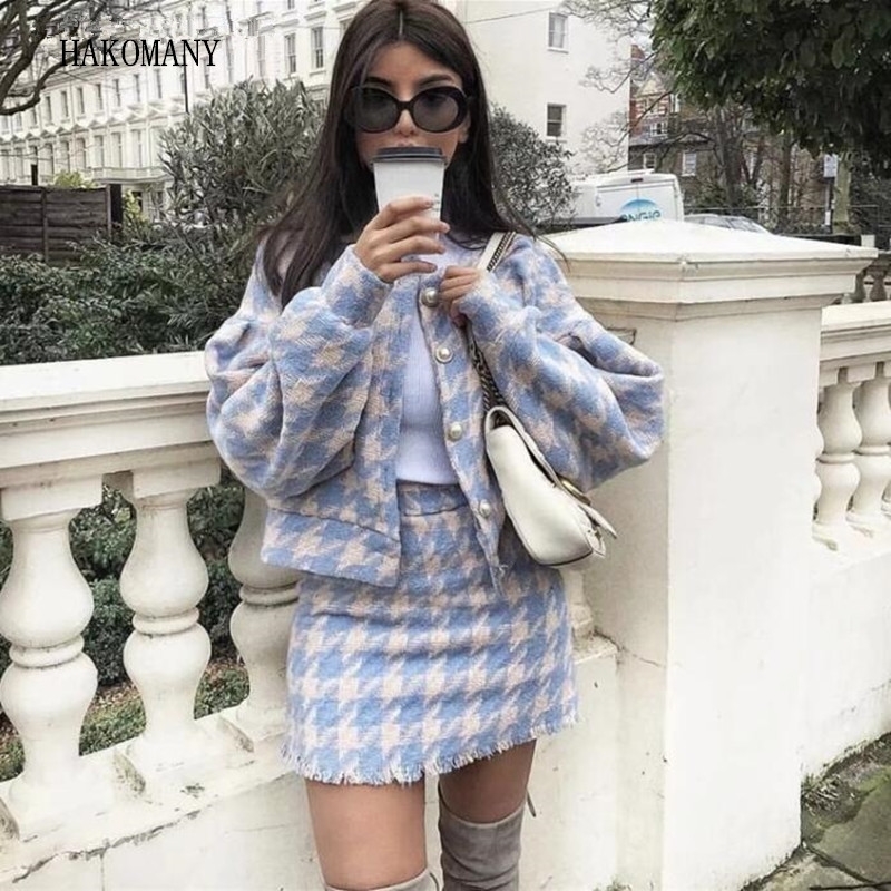 Women Pearl Button Check Gingham Plaid Blazer High Waist A line Mini Short Skirts Long Sleeve Suits 2 Pieces Set