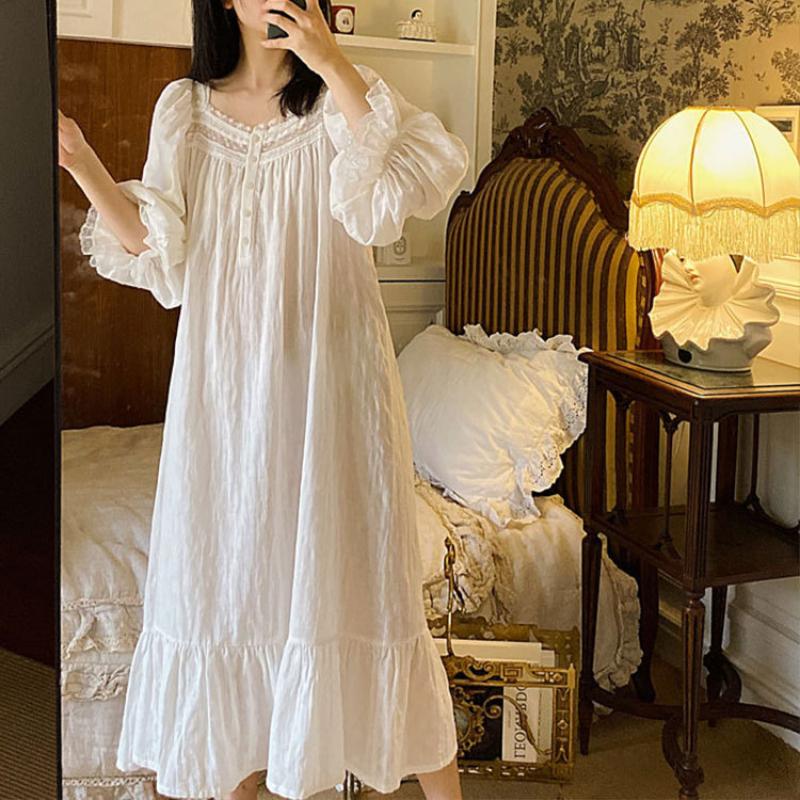 Women's Sleepwear Pure Cotton Vintage Nightgowns Women Spring Autumn Full Sleeves Long Night Dress Victorian Romantic Princess Home Wear