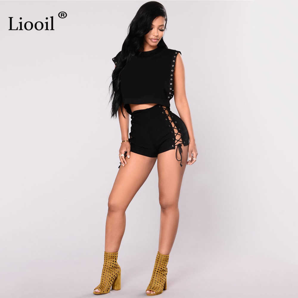 Liooil Sexy Bandage Jeans Shorts Women Rave Clothes Streetwear Hollow Out High Waist Jean Short Black Bodycon Denim 210714