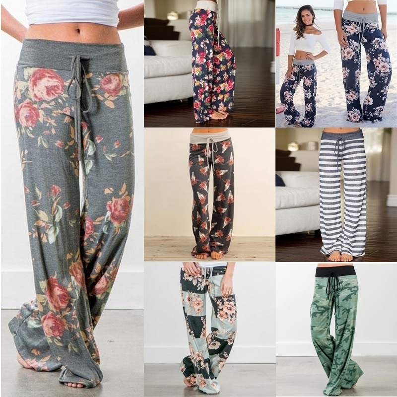 Spring autumn Women Long Pants Loose Floral Print Drawstring Lace Camouflage stripe Wave point Sweatpants Female Plus Size pant 201113