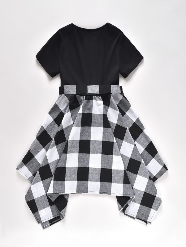 Girls Buffalo Plaid Print Hanky Hem Belted Dress SHE