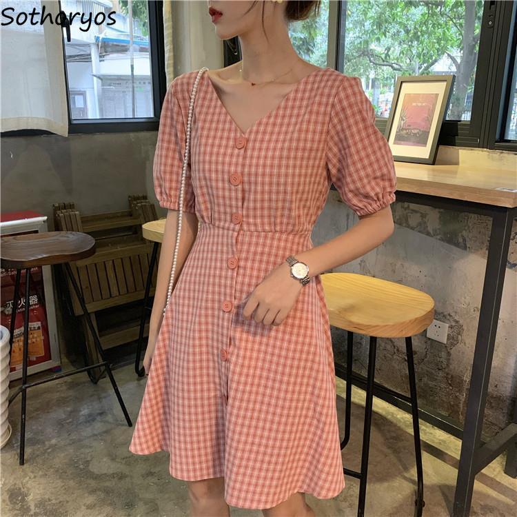 Women Plaid Dress V-neck Short Sleeve Loose Fashion Leisure Sweet Korean Style Backless Lace-up Chic Student Ulzzang All-match C0304