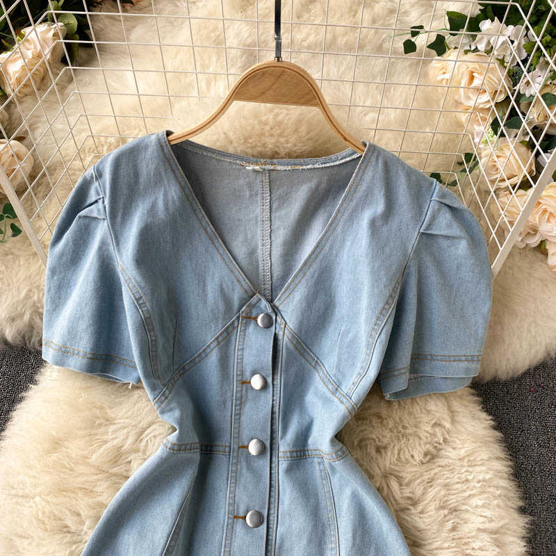 Women Fashion Retro Denim A-line Mini Dress Summer V-neck Button-down Short Sleeve Solid Color Korean Vestidos S045 210527