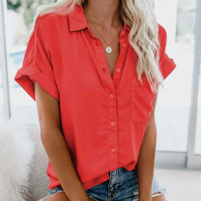 2021 Women's Shirt Summer Women's Blouses Shirt Feminine Blouse Summer Short Sleeve Female Blouse Turn-down Collar Button