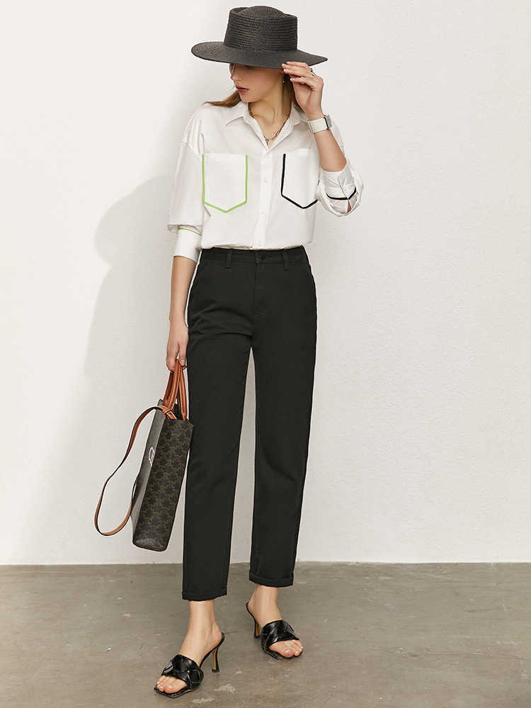 Minimalism Summer Women's Shirt Offical Lady 100%cotton Patchwork Lapel Full Sleeve Causal Tops 12170179 210527