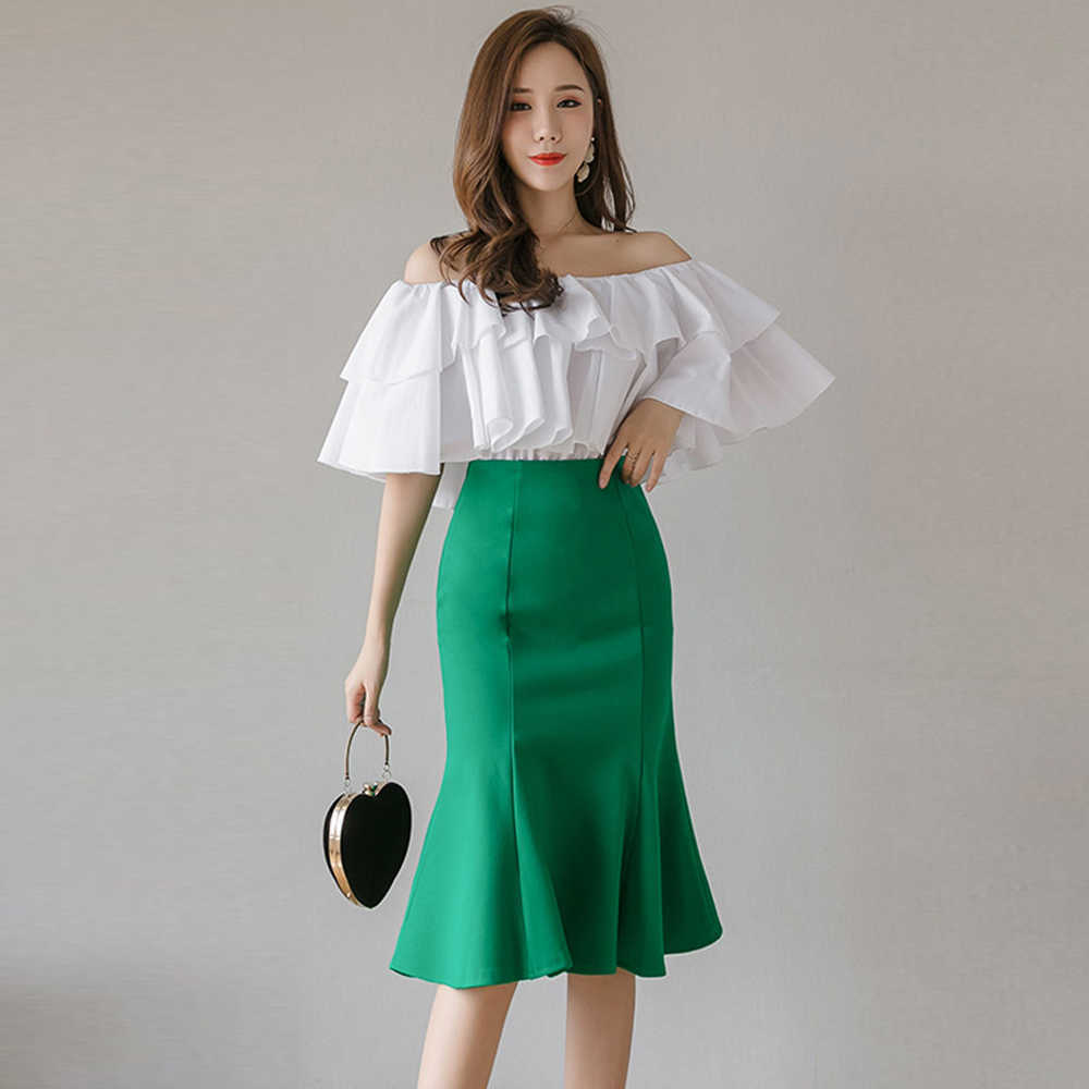 Elegant Women Mermaid Skirts High Waist Stitching All-Match Casual Plus Size Office Lady Stretch Green Black Midi 210621