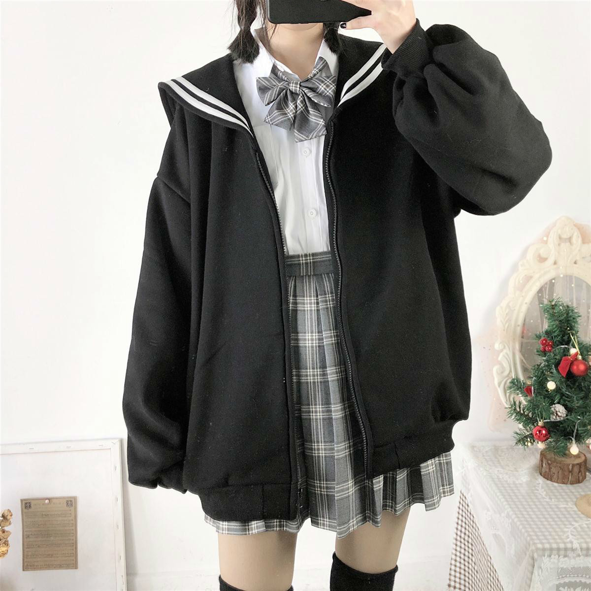Neploe Striped Sailor Collar Zipper Sweatshirt Cardigan Coat Autumn Winter Fleece Thicken Women Jacket New Top Jumper 55820 201102