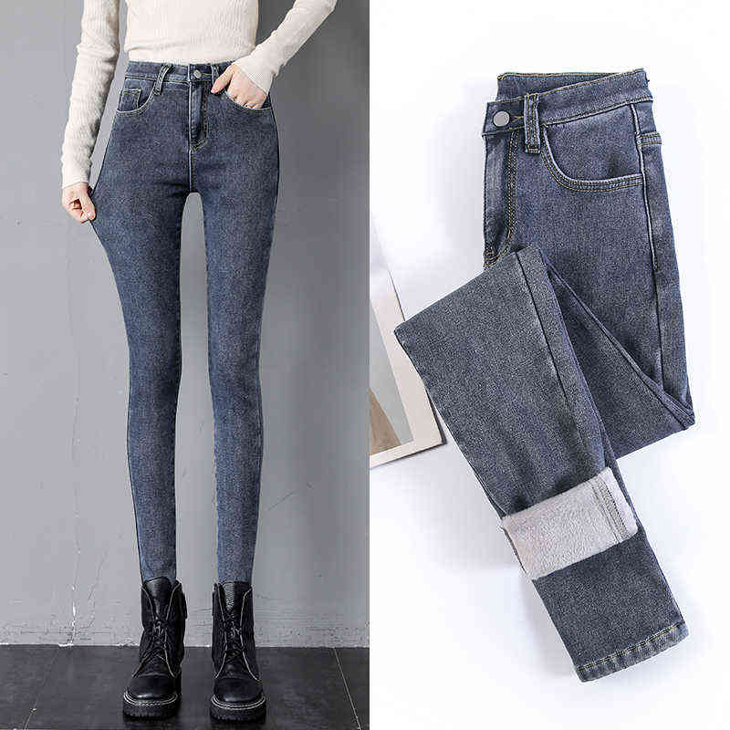Women High Waist Thermal Jeans Winter Warm Stretchy Fleece Lined Denim Pants Leggings Blue Black Female Slim Pants Trousers 211112