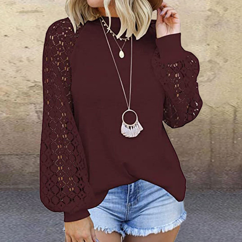 Elegant Women Lace Hollow Out Blouse Shirts Long Sleeve O Neck Solid Tops Shirt Autumn Female Blusas Mujer De Moda 210225