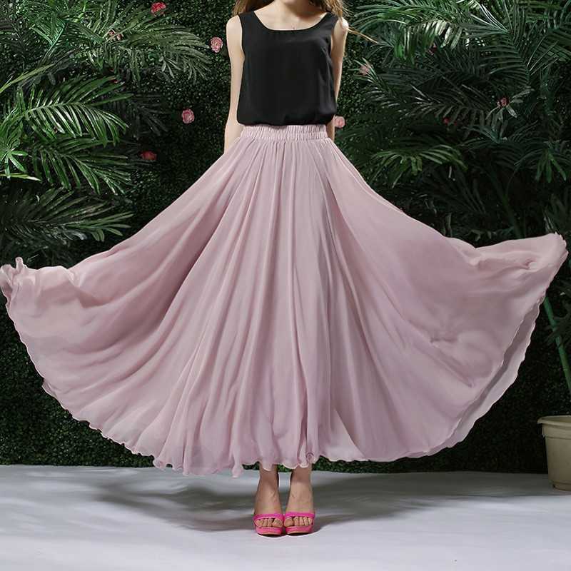 Womens Boho Style 3 Layer Chiffon Long Skirt Female Elegant High Waist Non-transparent Beach Maxi Skirts Saia Spring SK121 210621