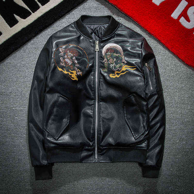 PU Faux Leather Jacket Men Winter Warm Ghost Embroidered Coat Man Cotton Padded Long Sleeve Zipper Hip Hop Baseball Cloth MA-1 211111