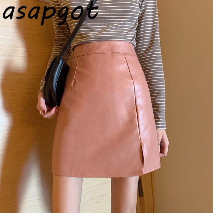 Korea Chic Autumn Black PU Leather Skirt Women Mini High Waist A Line Slim Solid Vintage Femme Jupes Street Plus Size Casual 210306