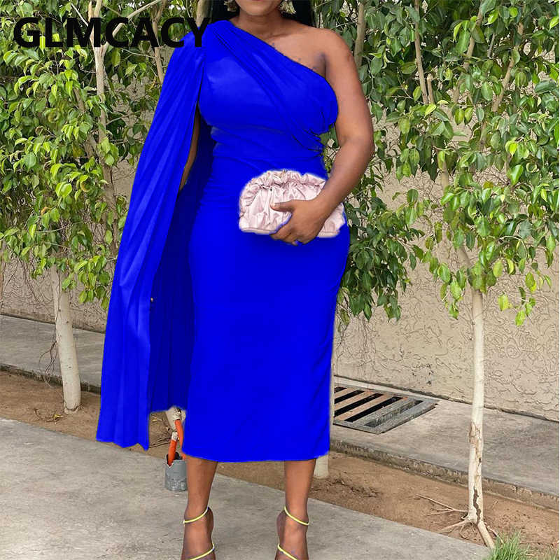 One Shoulder Cape Sleeve Elegant Evening Party Midi Dress 210702