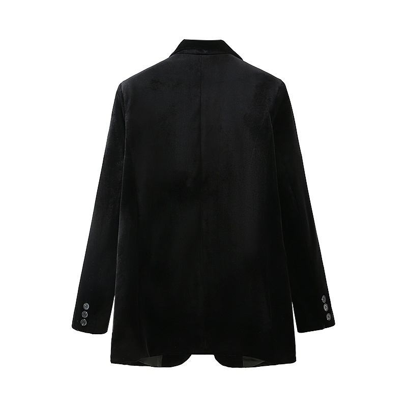 Causal Women Black Velvet Slim Jacket Fashion Ladies Single Button Blazers Streetwear Female Chic Pocket Coats 210527