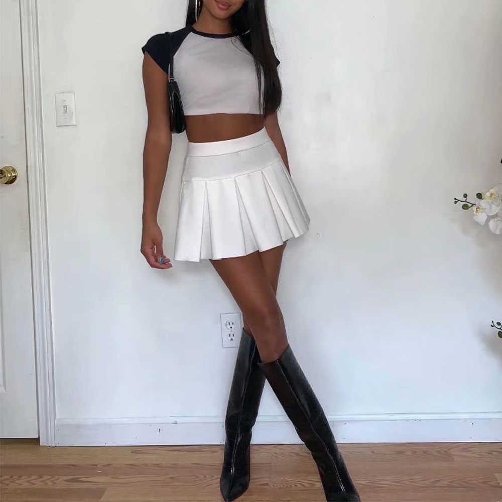 Fashion Women A-Line High Waist Tennis Pleated Mini Preppy Style Skirt Slim Solid Casual Kawaii Clothes 210619
