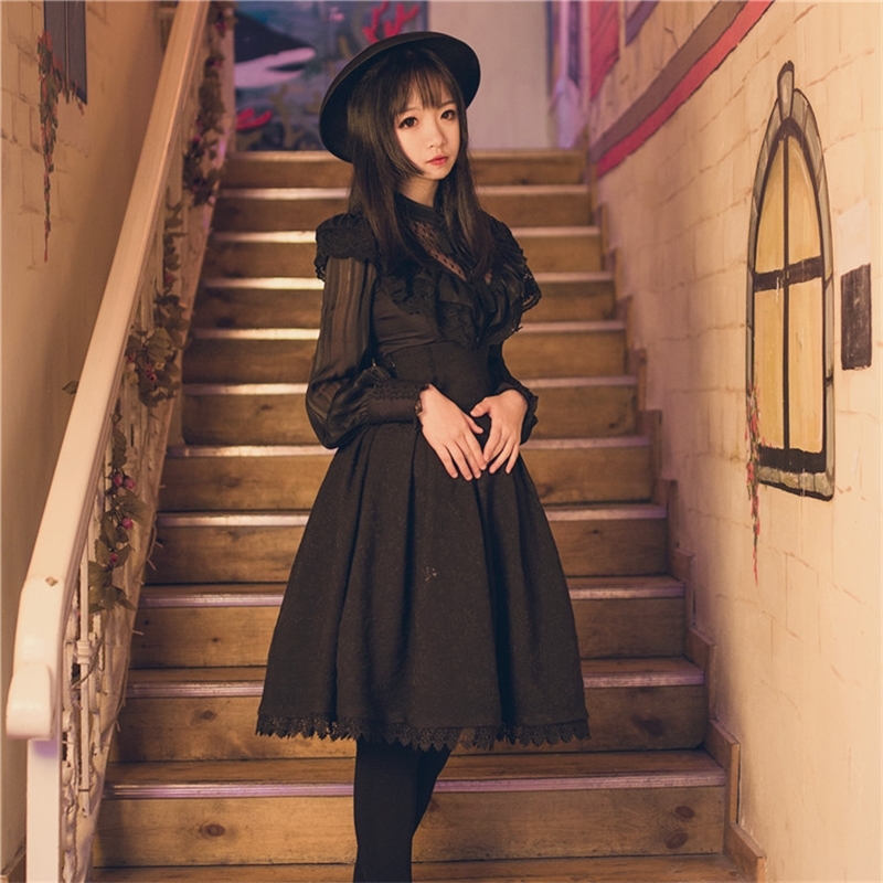 Women Classic Lolita Skirt Vintage Style Retro Gothic Darkness Lace Up High Waist A Line Chapel Church Formal Skirts Black T200113