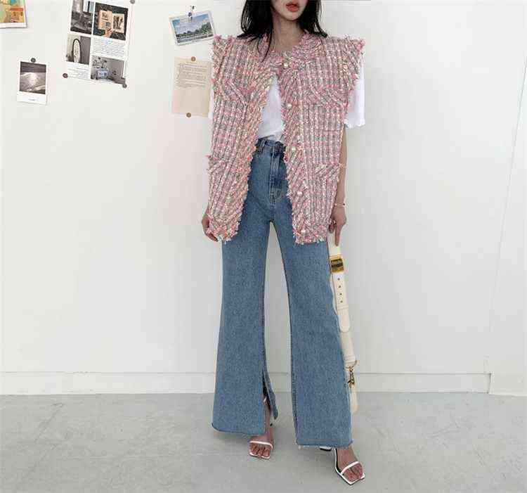 Women's Clothing Autumn Small Fragrant Pearl Buttons Tweed Vest Jacket Loose Fitting Single Breasted Vest 211106