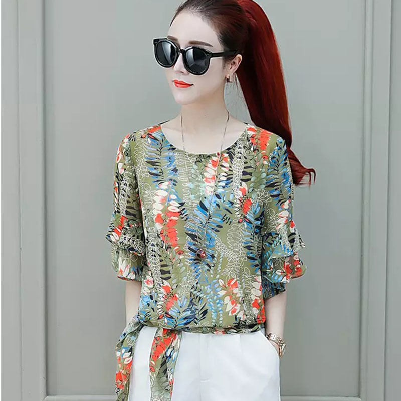 Bohemian Style Women Summer Chiffon Blouses Shirts Lady Casual Short Flare Sleeve O-Neck Blusas Tops DF2853 210225